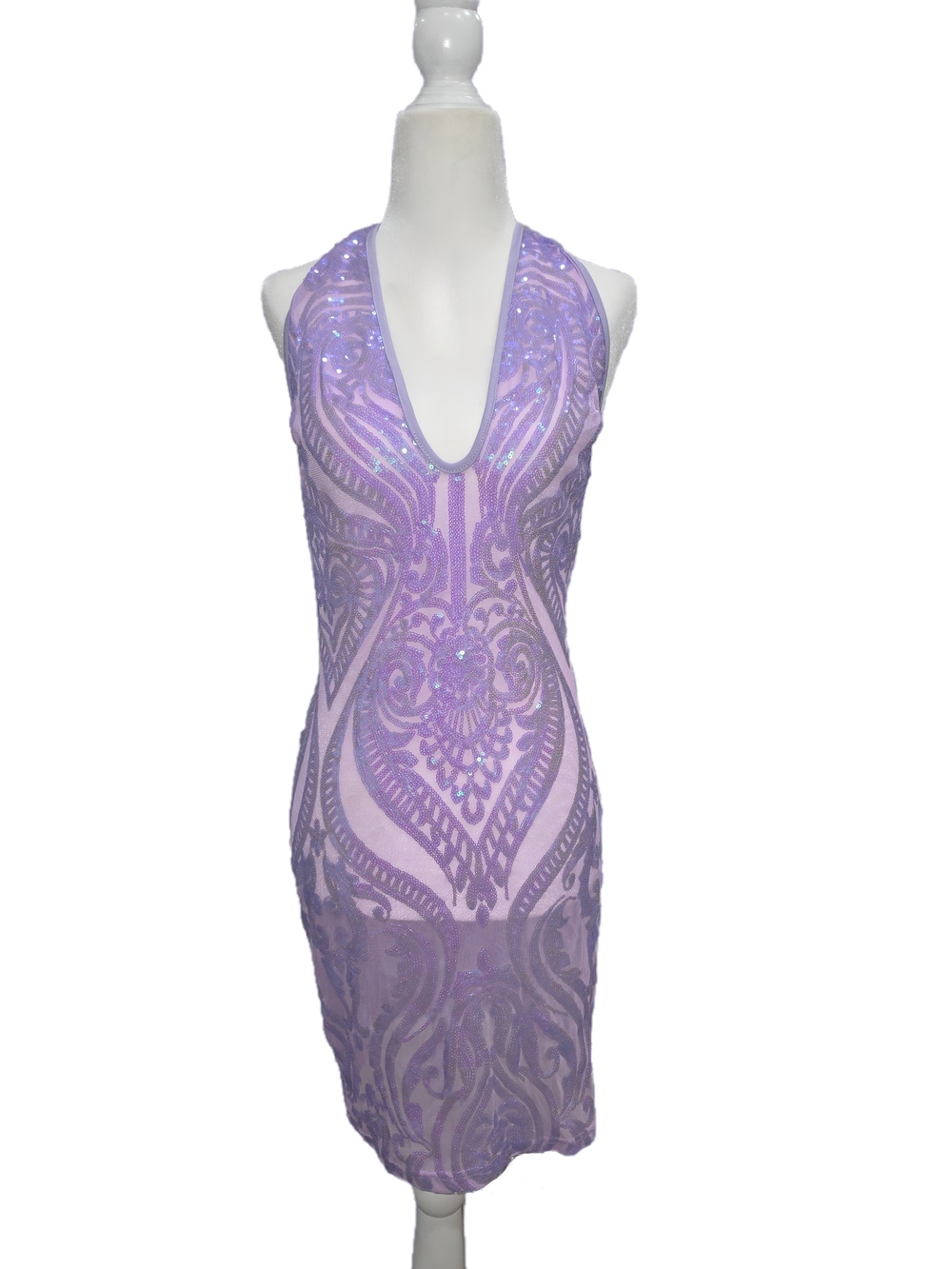 Purple sequin sheer halter midi dress w deep V neck purple paisley design Sz S
